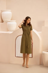 Olive Midaxi Shirt-Dress with Tie-Belt