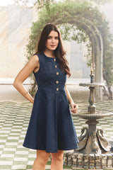 Navy Denim Knee-Length A-Line Corset Cocktail Dress