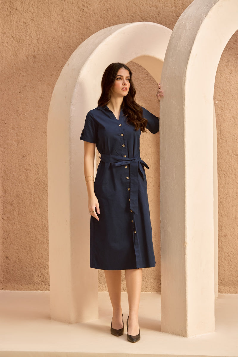 Navy Midaxi Shirt-Dress with Tie-Belt