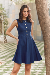 Indigo Denim Knee-Length A-Line Corset Cocktail Dress