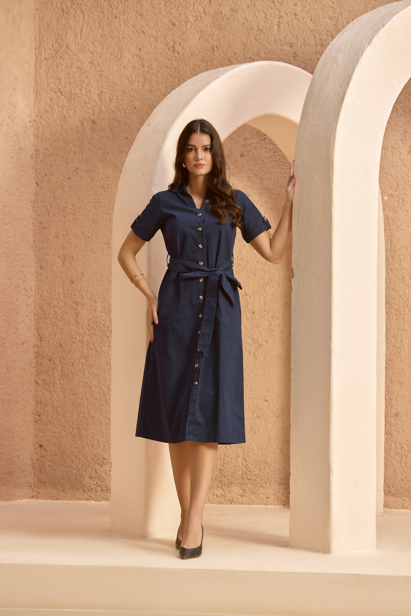 Navy Midaxi Shirt-Dress with Tie-Belt