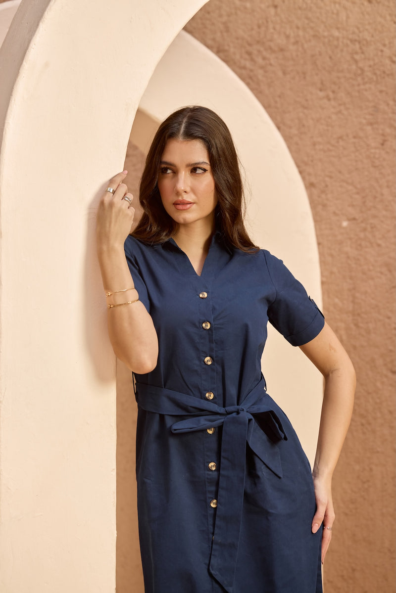 Navy Midaxi Shirt-Dress with Tie-Belt