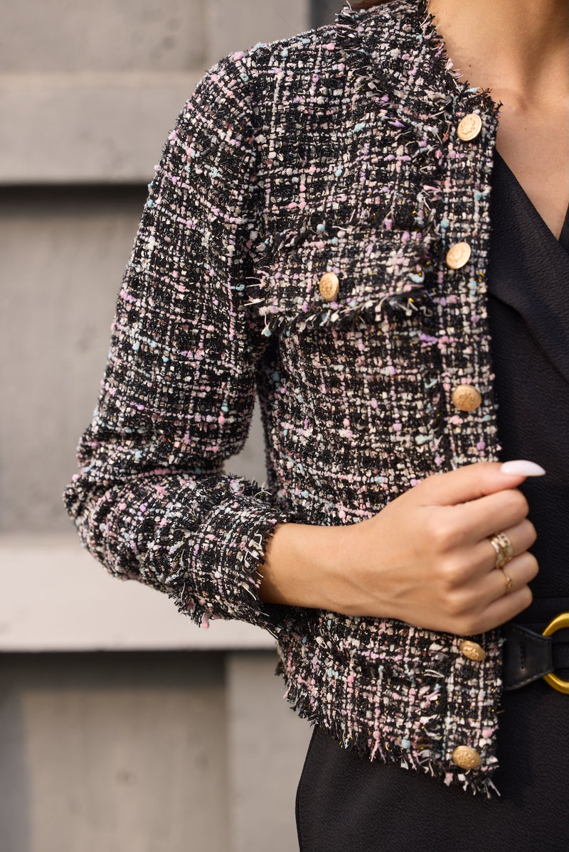 Black & Multi-Color Tweed Open Cocktail Jacket