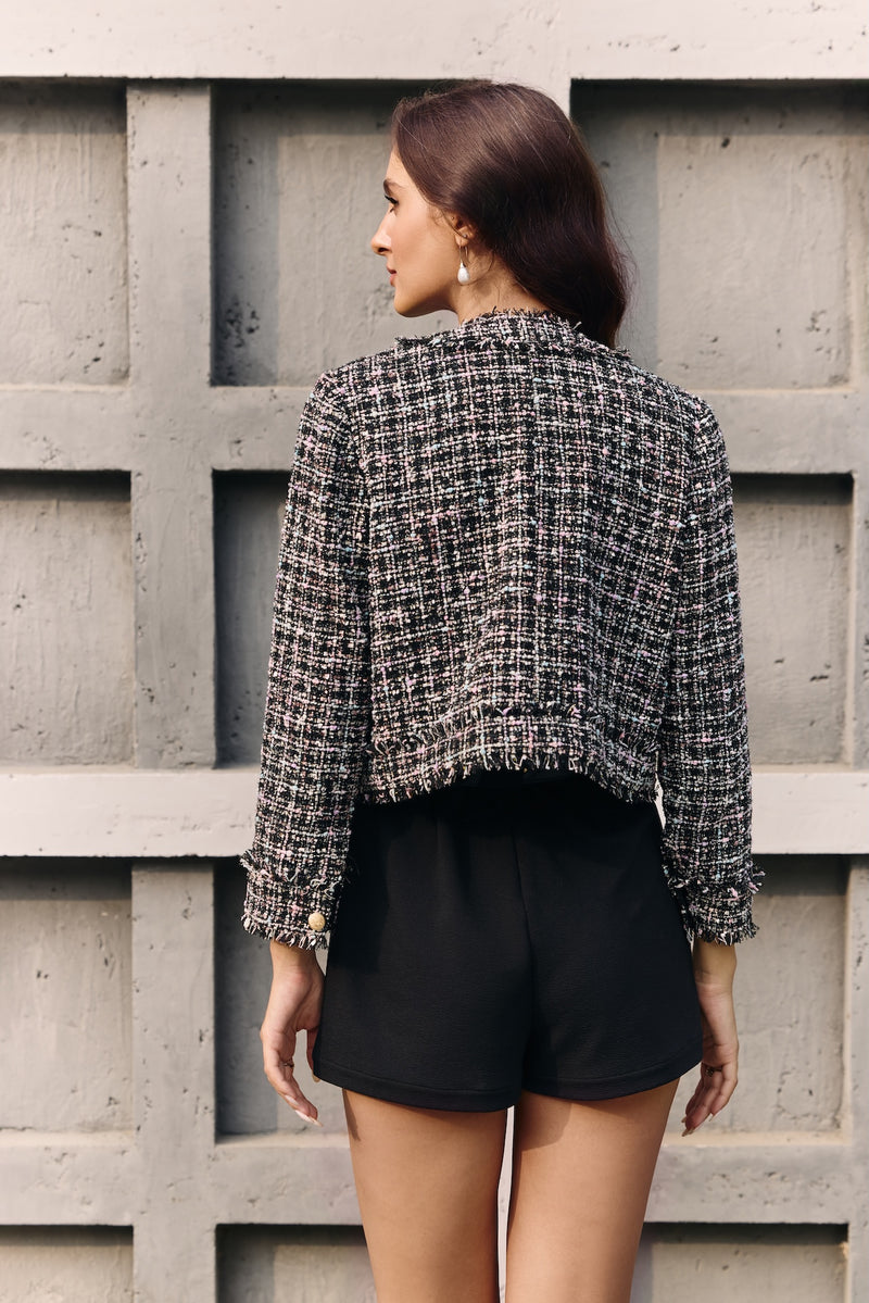 Black & Multi-Color Tweed Open Cocktail Jacket