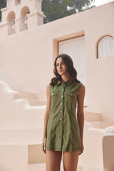 Olive Mini Shirt-Dress with Front-Pockets & Double-Stitching