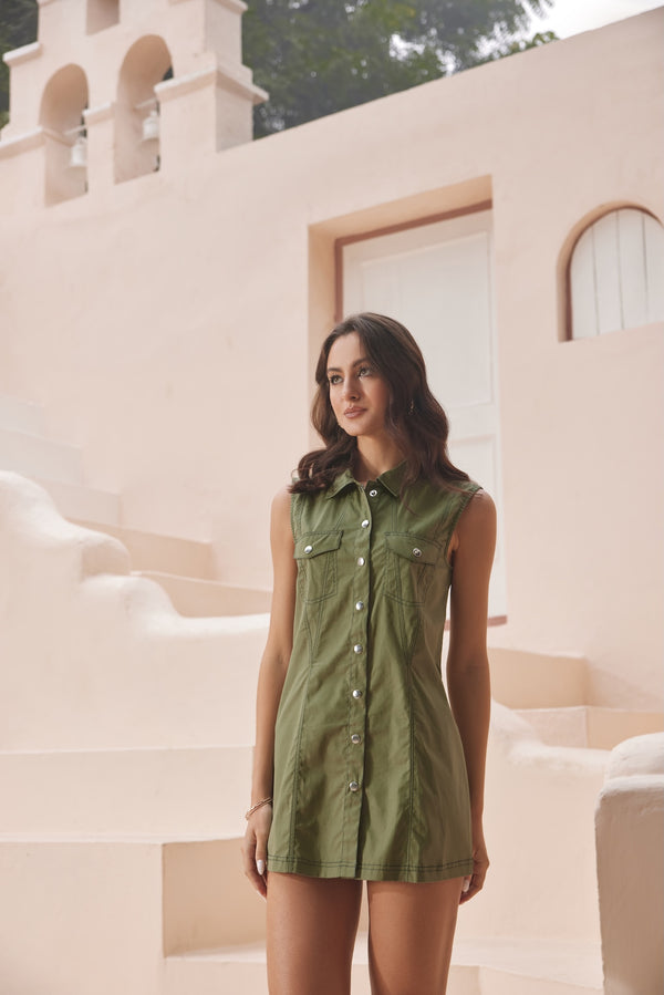 Olive Mini Shirt-Dress with Front-Pockets & Double-Stitching