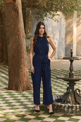 Navy Halter-Neck Cocktail Jumpsuit with Tie-Belt