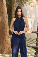 Navy Halter-Neck Cocktail Jumpsuit with Tie-Belt