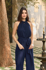 Navy Halter-Neck Cocktail Jumpsuit with Tie-Belt