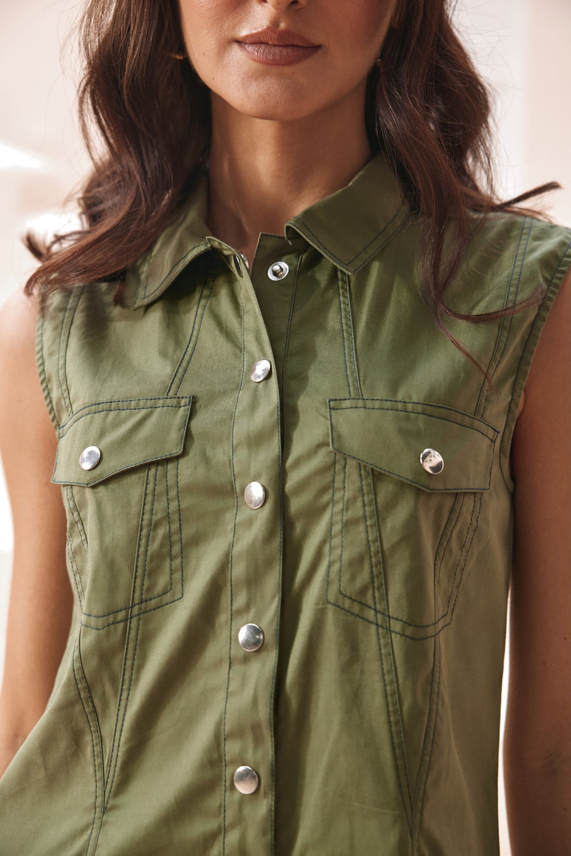 Olive Mini Shirt-Dress with Front-Pockets & Double-Stitching