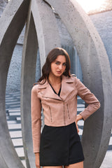 Cider Brown Suede Cocktail Biker-Jacket with Diagonal Zipper, Lapels, Zip-Pockets & Zip-Cuffs