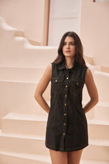 Black Denim Mini Shirt-Dress with Front-Pockets & Double-Stitching