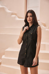 Black Denim Mini Shirt-Dress with Front-Pockets & Double-Stitching