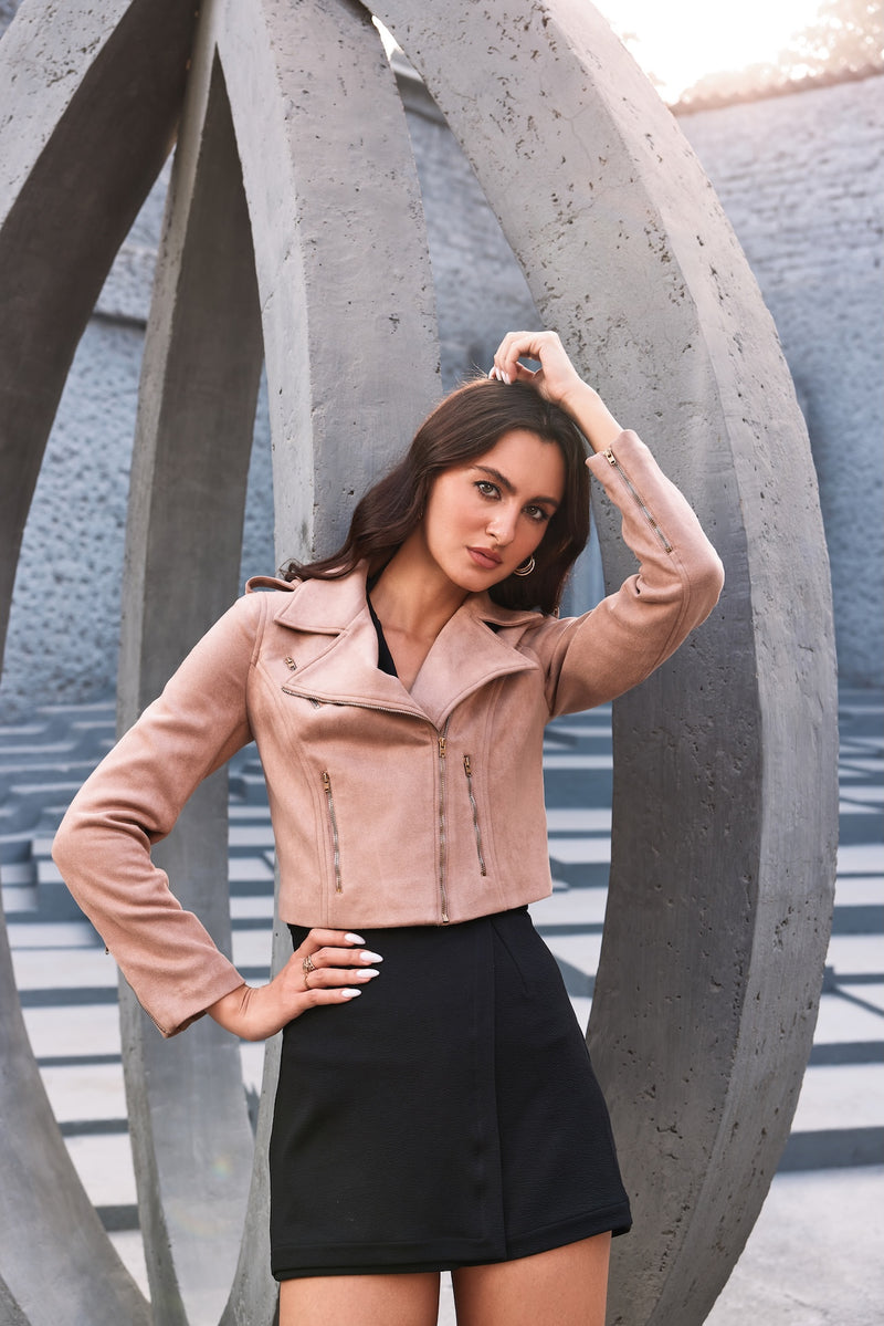 Cider Brown Suede Cocktail Biker-Jacket with Diagonal Zipper, Lapels, Zip-Pockets & Zip-Cuffs