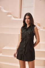 Black Denim Mini Shirt-Dress with Front-Pockets & Double-Stitching