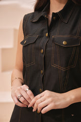 Black Denim Mini Shirt-Dress with Front-Pockets & Double-Stitching