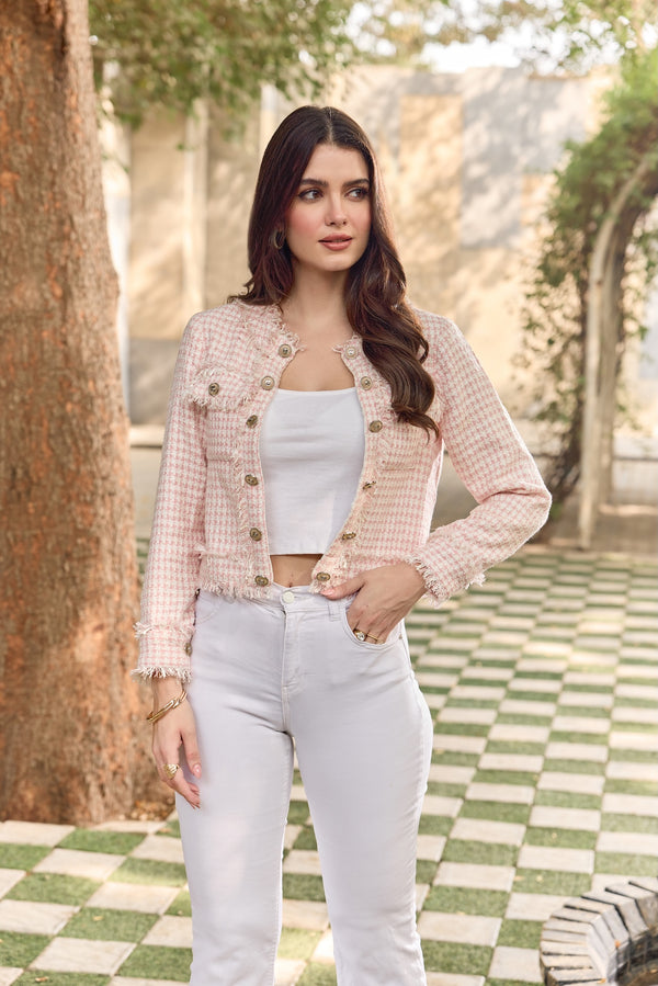 Pink & White Tweed Open Cocktail Jacket