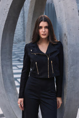 Black Suede Cocktail Biker-Jacket with Diagonal Zipper, Lapels, Zip-Pockets & Zip-Cuffs