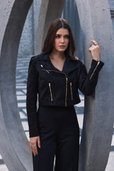 Black Suede Cocktail Biker-Jacket with Diagonal Zipper, Lapels, Zip-Pockets & Zip-Cuffs