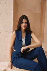 Cobalt-Blue Denim Co-Ord with Open Waistcoat-Top & Flared-Pants