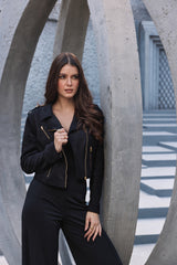 Black Suede Cocktail Biker-Jacket with Diagonal Zipper, Lapels, Zip-Pockets & Zip-Cuffs