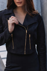 Black Suede Cocktail Biker-Jacket with Diagonal Zipper, Lapels, Zip-Pockets & Zip-Cuffs