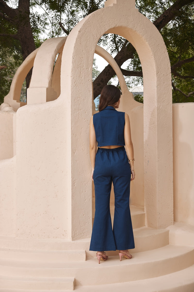 Cobalt-Blue Denim Co-Ord with Open Waistcoat-Top & Flared-Pants