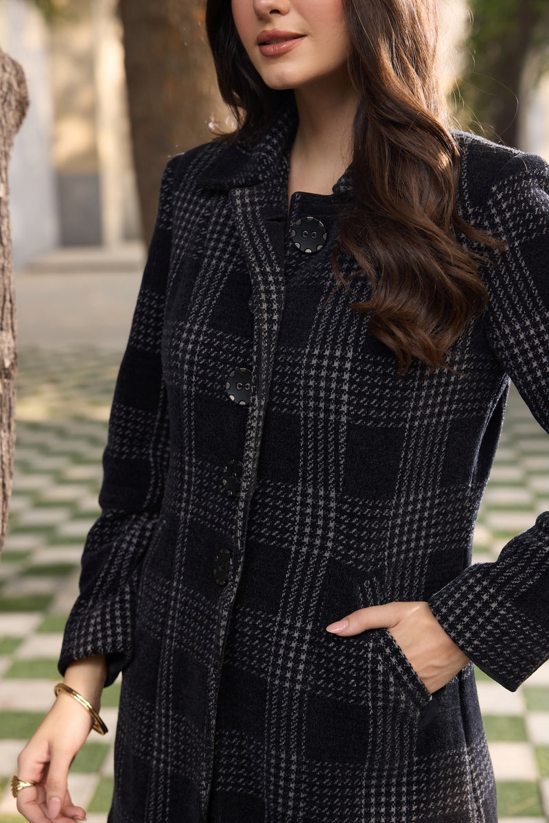 Black & White Wide-Check Tweed Peacoat Jacket