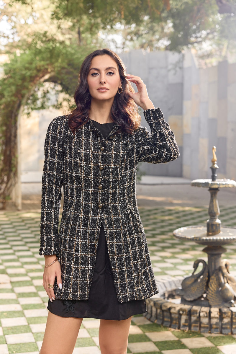 Black, White & Brown Checkered Tweed Peacoat Jacket