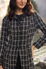 Black, White & Brown Checkered Tweed Peacoat Jacket