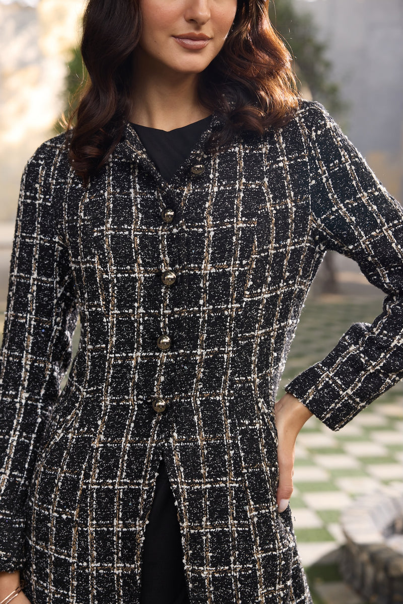 Black, White & Brown Checkered Tweed Peacoat Jacket