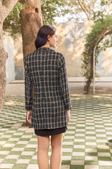 Black, White & Brown Checkered Tweed Peacoat Jacket