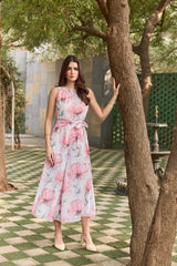 White & Pink Floral Print Flared Jumpsuit with Tie-Belt & Neck-Frill