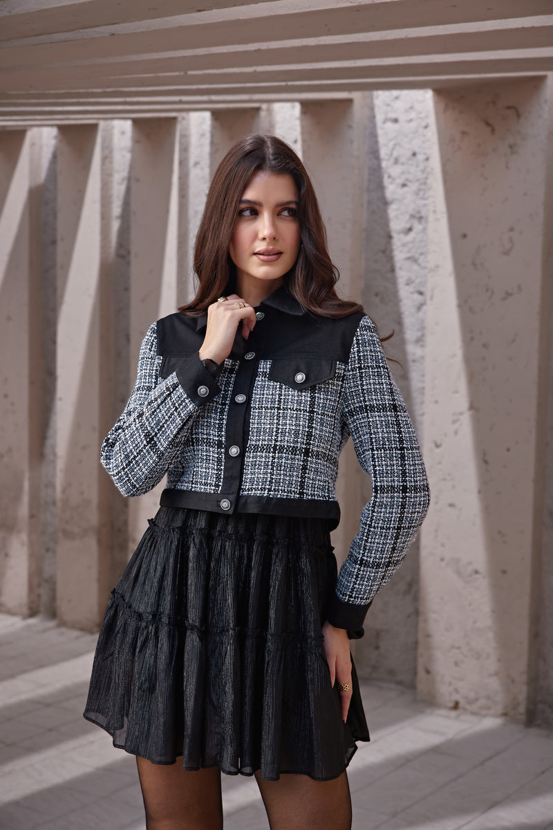 Blue-White Tweed & Black Denim Button-Down Jacket