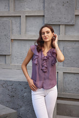 Glitzy Lilac V-Neck Top with Frills