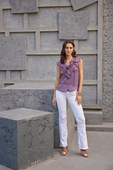 Glitzy Lilac V-Neck Top with Frills