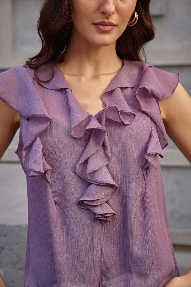 Glitzy Lilac V-Neck Top with Frills