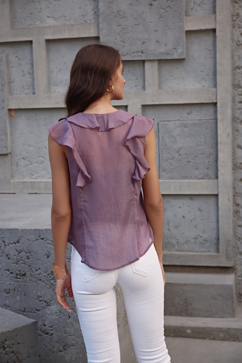 Glitzy Lilac V-Neck Top with Frills