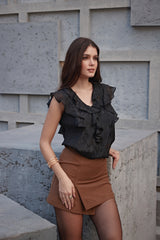 Glitzy Black V-Neck Top with Frills