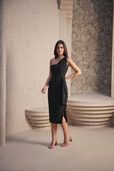 Black One-Shoulder Midi Cocktail Dress with Short-Slit & Frill