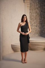 Black One-Shoulder Midi Cocktail Dress with Short-Slit & Frill