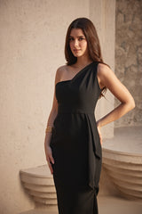 Black One-Shoulder Midi Cocktail Dress with Short-Slit & Frill