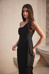 Black One-Shoulder Midi Cocktail Dress with Short-Slit & Frill