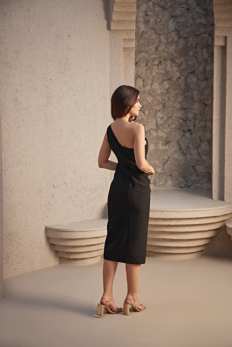 Black One-Shoulder Midi Cocktail Dress with Short-Slit & Frill