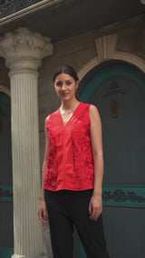 Swirling Daffodils Embroidered V-Neck Top with Lapel Pleats