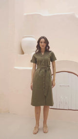 Olive Midaxi Shirt-Dress with Tie-Belt