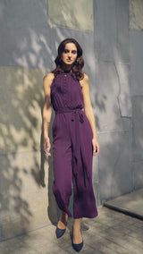 Dark Purple Halter-Neck Cocktail Jumpsuit with Tie-Belt