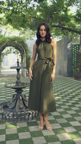 Olive Flared Jumpsuit with Tie-Belt & Neck-Frill