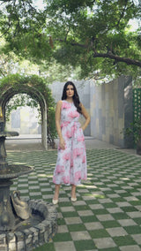 White & Pink Floral Print Flared Jumpsuit with Tie-Belt & Neck-Frill