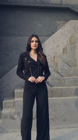 Black Suede Cocktail Biker-Jacket with Diagonal Zipper, Lapels, Zip-Pockets & Zip-Cuffs